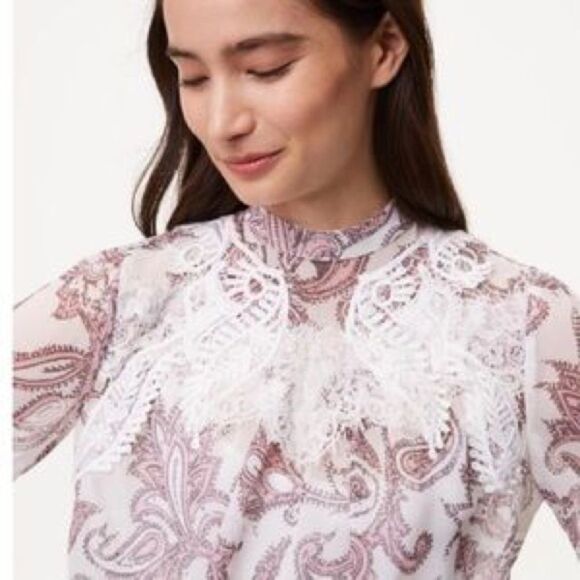 Loft Bell Sleeve Sheer Paisley Lace Blouse‎ M NWT - Picture 2 of 9
